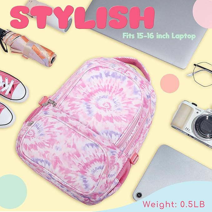 BLUEFAIRY Kids Backpack for Girls Elementary Primary Middle School Bags for Aged 8-10 for Teens Childs Bookbags Back to School Book Bags Gifts Mochilas para Niñas de 6 7 8 9 10 Años Tie-dye Pink