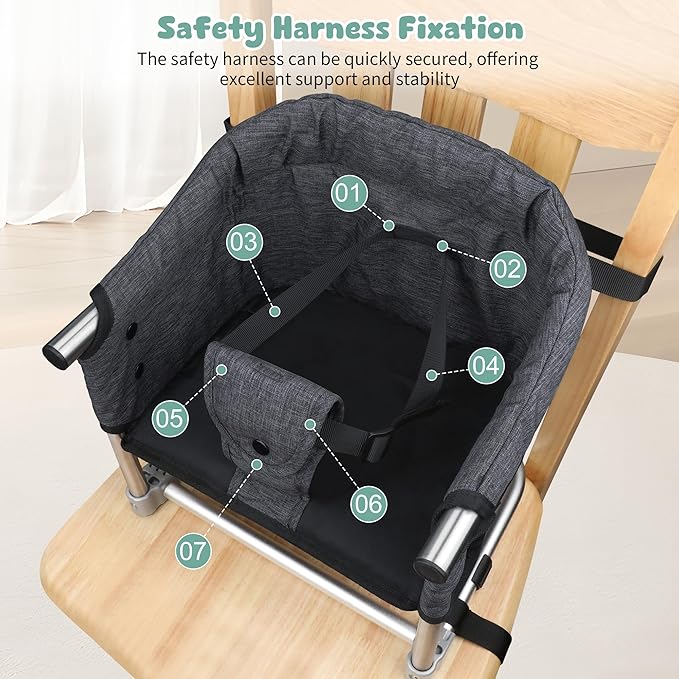 Booster Seat for Dining Table: Portable Toddler Booster Chair with Safety Buckle and Height Adjustable, Foldable Baby Feeding Chair, Kids High Chair Booster Seat for Kitchen Home Travel - Black