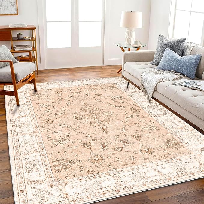 Area Rug 10x14 Washable Tangerine Vintage Traditional Mat Distressed Indoor Foldable Thin Retro Accent Floral Non Slip Carpet for Living Room Dining Room Office