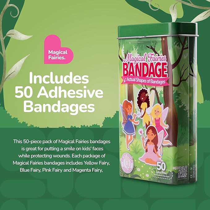 BioSwiss Bandages, Magical Fairies Shaped Self Adhesive Bandage, Latex Free Sterile Wound Care, Fun First Aid Kit Supplies for Kids and Adults, 50 Count