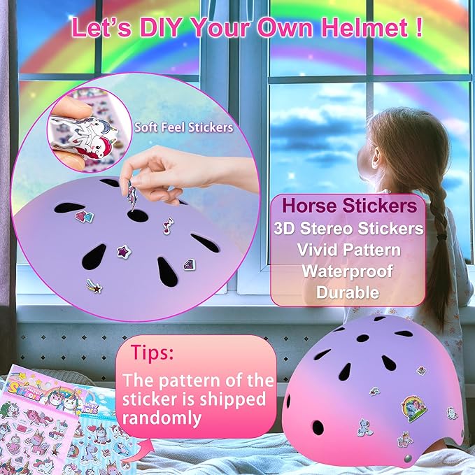 Kids Bike Helmet with DIY Stickers and Knee Pads Elbow Pads Wrist Guard Set for Ages 3-8-14 Toddler Boys Girls Helmet for Roller Skates Cycling Skateboarding Bicycle Scooter