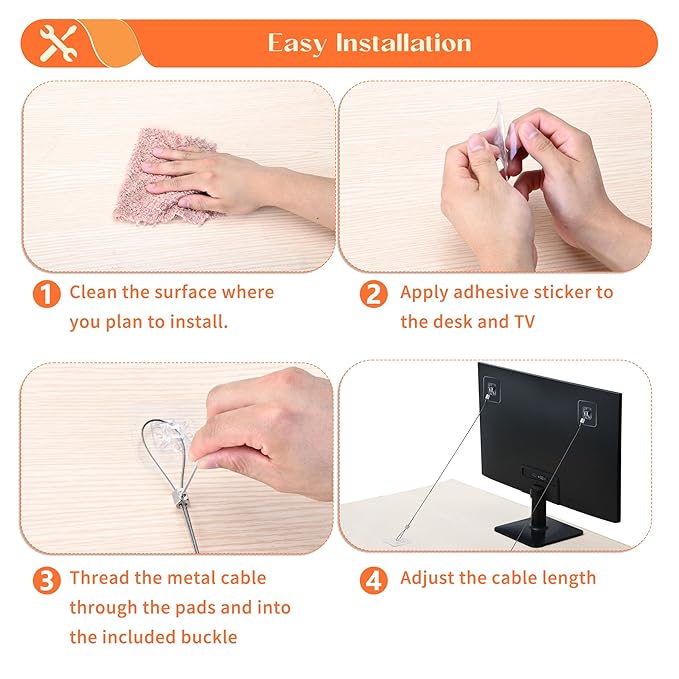 4 Pack 40" TV Safety Stainless Steel Straps Adjustable, Adhesive Anti-Tip Furniture Anchor for Flat Screen, TV and Furniture Safety Straps for Baby Proofing