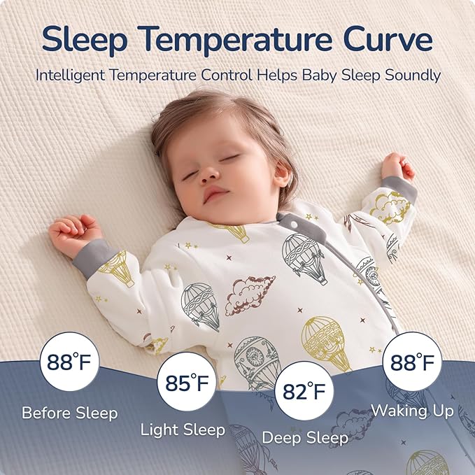 Baby Sleep Sack 3-6 Months, Cotton Detachable Long Sleeve Sleep Sack, 1.0 Tog Toddler Sleeping Sack with Temperature Strips, 2-Way Zipper Wearable Blankets for Newborns, Hot Air Balloon
