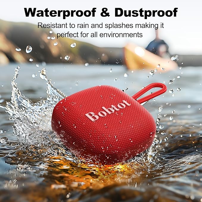 Bobtot Portable Bluetooth Speakers Wireless - IPX7 Waterproof Shower Speaker with 16 Hours Playtime, Loud Stereo Sound, TWS, Built-in Mic, Mini Size with Lanyard to Carry, Red