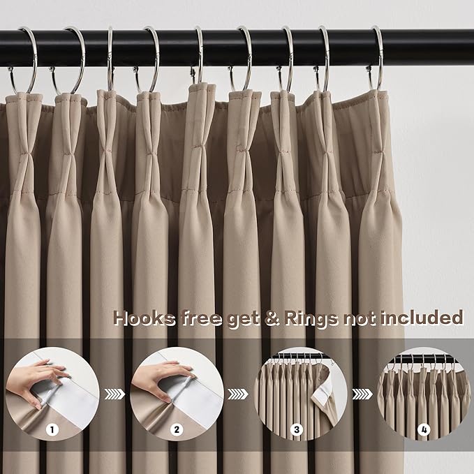 KEQIAOSUOCAI Pinch Pleated Window Curtain Panels 63 Inches Long Light Blocking Solid Ceiling Floor Pleated Curtains Hooks Track Privacy Memory Shape Drape for Living Room,Khaki,80x63, Set of 2