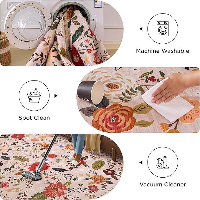 5x7 Washable Rug for Living Room, Pink Floral Area Rug, Non Slip Low Pile Soft Flower Carpet, Large Rugs for Bedroom, Dining Room, Office, Kids Playroom, Nursery, Pink/Beige