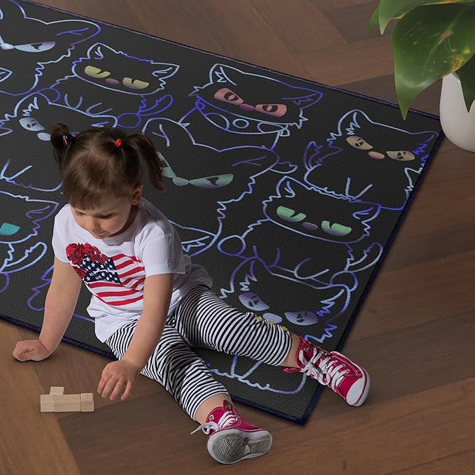 Black Play Cat Rug for Playroom for Boys Girls 3x4 Funny Cute Cat Cartoon Decor for Bedroom Living Room Non-Slip Comfy Floor Casual Mat Carpet Washable
