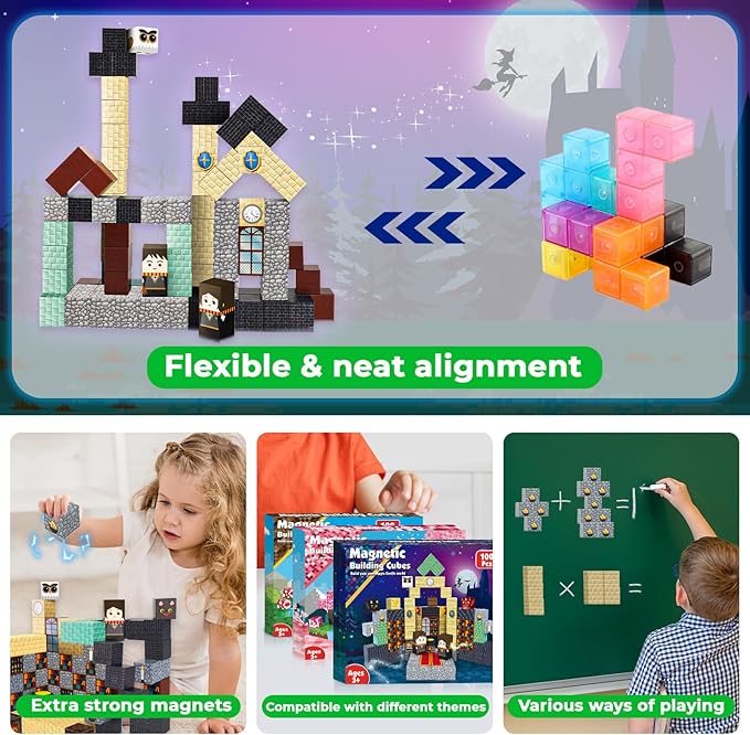 Goody King Magnetic Blocks |100PCS Magnetic Building Blocks Magic‘s House Magnetic Cube,Magnetic Blocks for Kids Ages 3-10,STEM Montessori Stacking Toy, Sensory Tiles Building Christmas for Toddlers