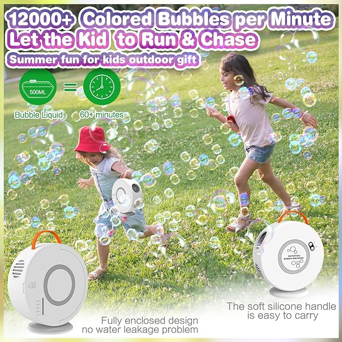 Bubble Machine for Kids Toddlers, Automatic Rechargeable Bubble Machine, 12000+ Bubbles Per Minute, Rotating 90°/360° Oscillating Electric Bubble Maker Outdoor Toys for Ages 3-5