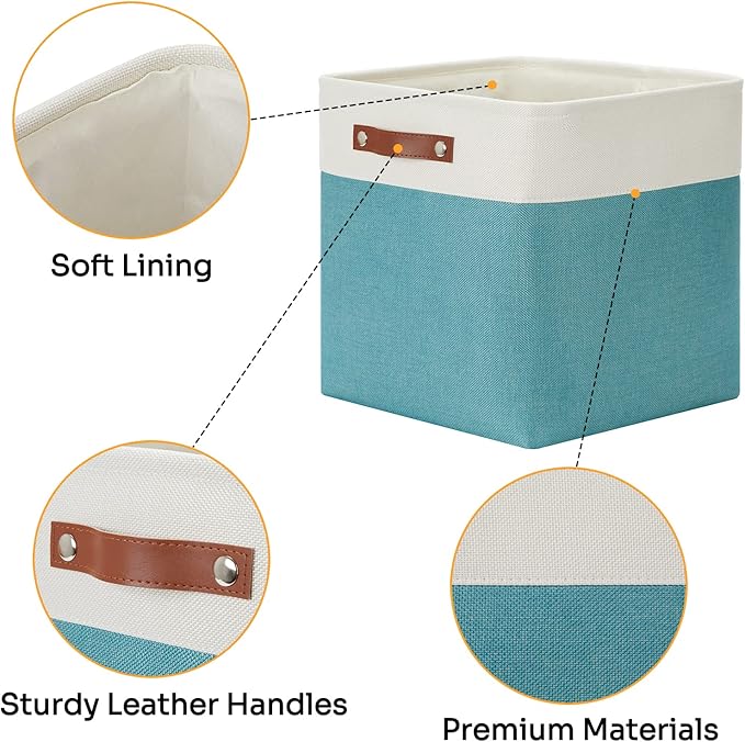DULLEMELO Storage Bins for Organizing,Closet Storage Baskets for Gift Empty,Large Linen Canvas Storage Bins with Handles for Home Office Toys Shelves(White&Teal, 13 inch Cube)