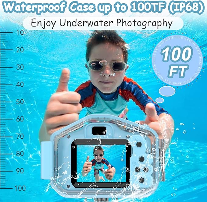 Agoigo Kids Waterproof Camera - Children Underwater HD Video Digital Camcorder, Portable Travel Toy for Toddler - Ideal Christmas Birthday Gifts for Boys Girls Age 3-12 with 32GB Card (Blue)