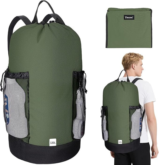 BALEINE 120L Laundry Bag Backpack, 900D Oxford Fabric Large Travel Laundry Bags with Shoulder Straps and 2 Mesh Pockets for College Dorm, Apartment, Laundromat (Green, 120L)