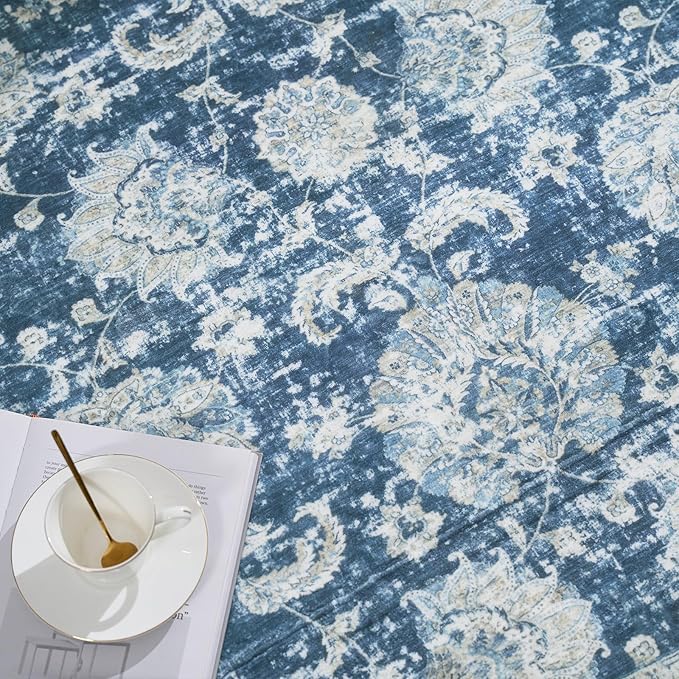 jinchan Round Rug 7ft Area Rug - Dark Blue Vintage Floor Mat Kitchen Indoor Ultra-Thin Soft Floral Print - Washable Circle 7' Retro Accent for Farmhouse Non Slip Dining Room Living Room Bedroom Office