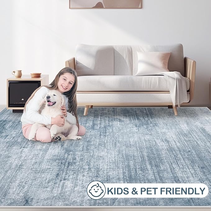 Area Rugs 6x9 Living Room: Washable Rug Modern Abstract Large Rugs Soft Non Slip Neutral Rug Stain Resistant Indoor Carpet for Bedroom Kitchen Dining Room Table Nursery Home Office Rugs(Blue,6'x9')