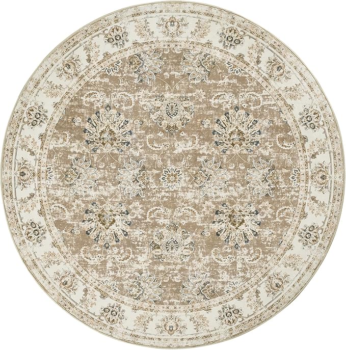 jinchan Round Rug 6ft Area Rug - Taupe Vintage Floor Mat Kitchen Indoor Ultra-Thin Soft Floral Print - Washable Circle 6' Retro Accent for Farmhouse Non Slip Dining Room Living Room Bedroom Office
