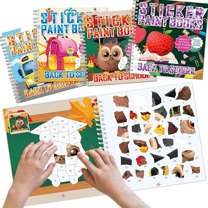 4Pcs Back to School Paint by Sticker Books Sticker by Number Books Activity Book Puzzle Book Craft Art Gift School Bus Apple Owl Alarm 32 Pictures