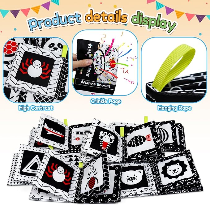 Dr.Rapeti Soft Cloth Books Baby Books Bath Books 6-Pack for Baby Infant Toddler Kids High Contrast Black and White Crinkle Washable Chewable Non-Toxic Early Educational Giftable