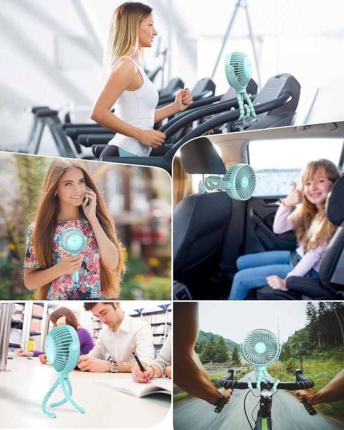 Stroller Fan Clip on for Baby, 4000mAh Rechargeable Battery Operated, Flexible Tripod, 3 Wind Speed, 360° Rotatable, Small Cooling Portable Fan for Car Seat Crib Bike Travel Beach, Blue
