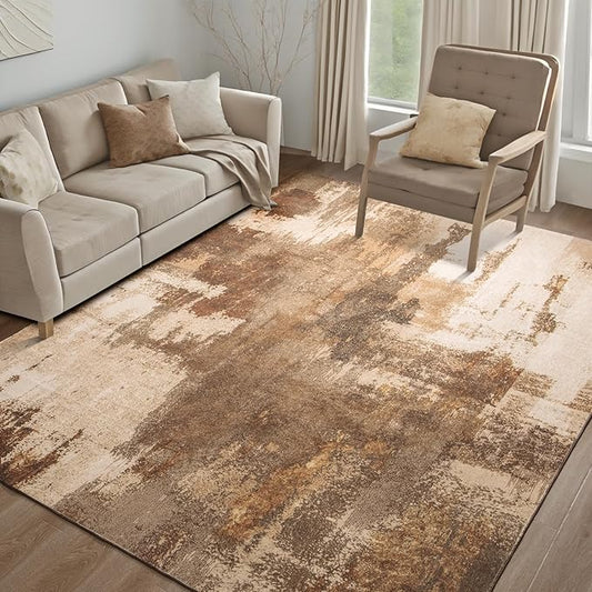 Kelarea Living Room Rug, 6x9 Rug Modern Abstract Washable Rugs Brown Faux Wool Vintage Carpets, Non Slip Rug for Bedroom, Dining Room, College Dorm, Kids Playroom, Home Office