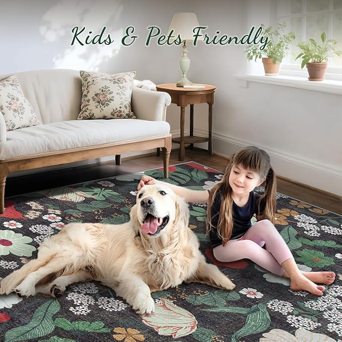 Area Rug Living Room Rugs: 6x9 Washable Rug Vintage Floral Soft Boho Non Slip Carpet Indoor Floor Non Shedding Low Pile Thin Carpets for Bedroom Dining Room Farmhouse Nursery Home Office Green