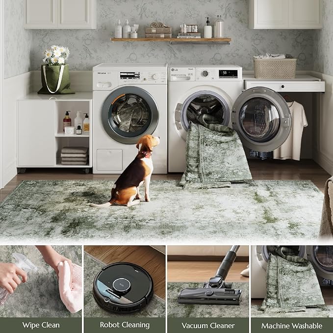 jinchan Green Runner Rug 2x6 - Vintage Floral Machine Washable Distressed Design Non-Slip Low-Pile Soft Thin Carpet for Hallway Kitchen Farmhouse Bedroom Entryway Laundry Room (2x6ft,Forest Green)