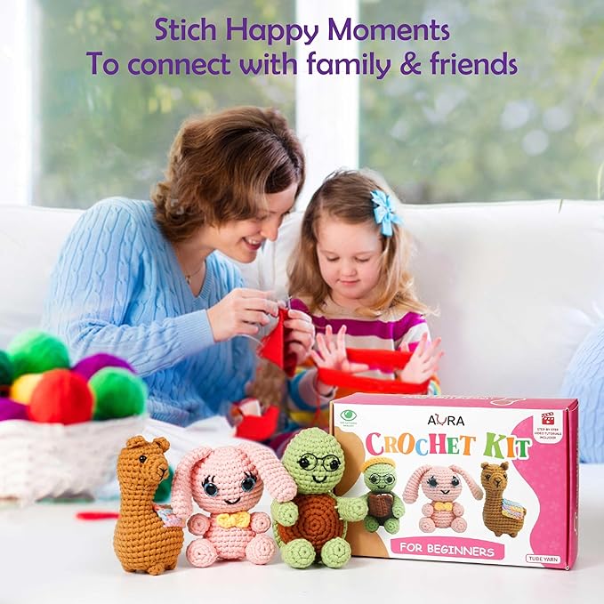 A-URA Learn to Crochet Kit for Beginners Kids and Adults, Premium 3 Animal Pattern Large Size Beginner Crochet Kits with Easy Tube Yarn & Step-by-Step Video Tutorials (Safari Friends–Larger Plushies)