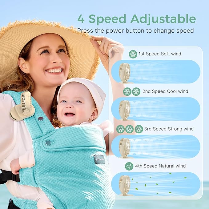 Momcozy Portable Fan with Clip | 4-Speed Mini-Fan for Carrier | Personal Fans Ultra Lighter 0.26lb | Gaps ≤4.5mm | Handheld Cooling | Rechargeable Rotate for Diaper Backpack/Stroller/Carrier/Chair