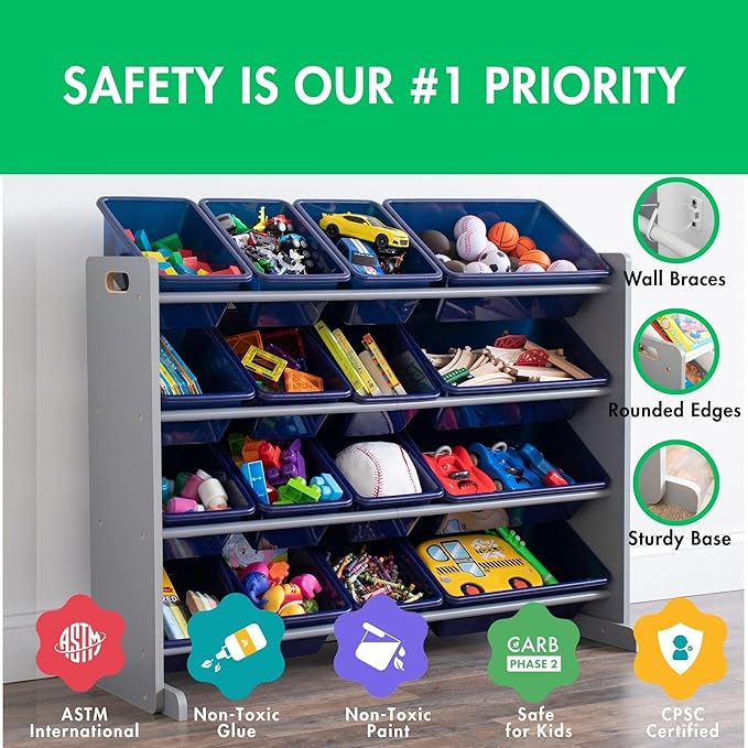 Humble Crew Supersized Toy Storage Organizer with 16 Removable Bins, Grey/Navy – Large Toy Storage for Toddlers Ideal for Kids' Rooms, Playrooms, and Nurseries - Modern Toy Bins for Kids