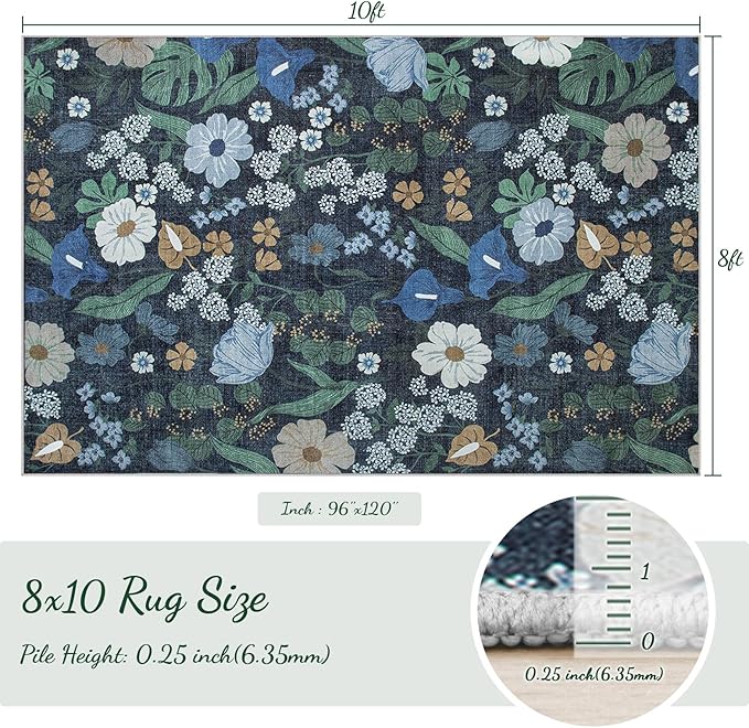 8x10 Area Rug for Living Room: Vintage Floral Washable Rug Soft Boho Non Slip Carpet Large Indoor Floor Non Shedding Low Pile Thin Carpets for Bedroom Dining Room Farmhouse Nursery Home Office Blue