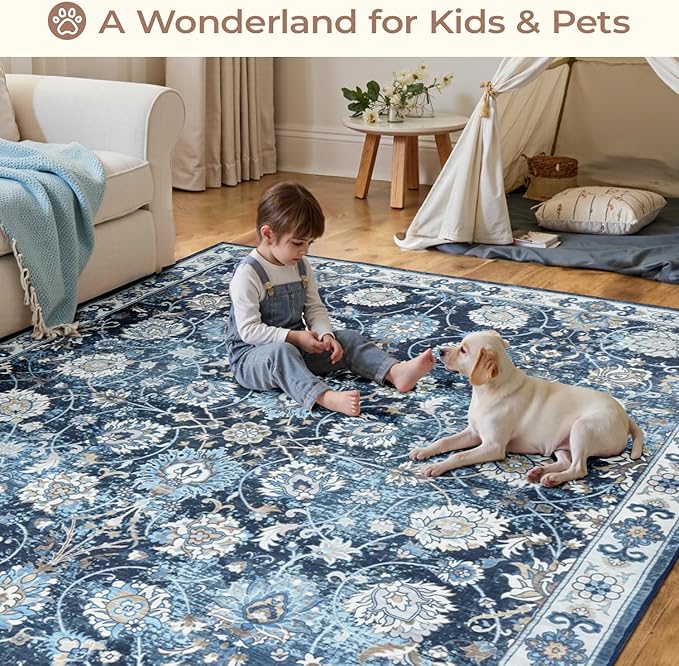 6x9 Area Rug for Living Room & Bedroom, Washable Non-Slip Vintage Rugs, Floral Soft Carpet, Low Pile Wool Carpets for Indoor Dining Home Office Playroom Under Table, Modern Decor, Blue Garden