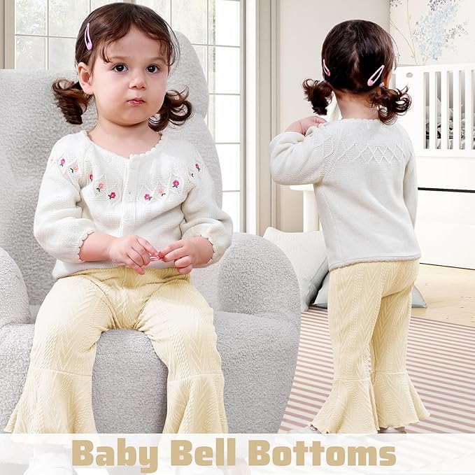 2 Pack Toddler Baby Girl Pants Flare Leggings Ribbed Knit Newborn Bell Bottoms Solid Ruffle Infant Pants for Girls