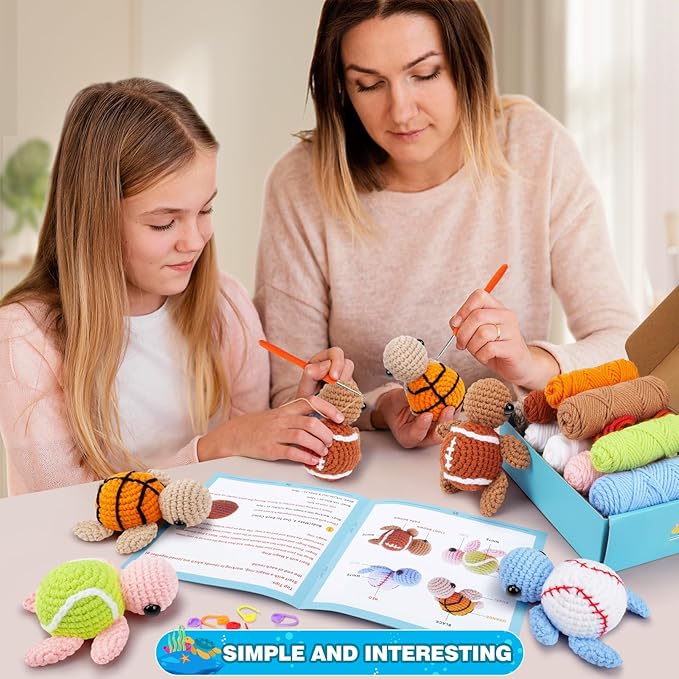 Crochet Kit for Beginners -4 PCS Turtle Crochet Kit with Step-by-Step Video Tutorials, Beginner Crochet Kits for Adults, Animal Crochet Turtle Ball Games Set