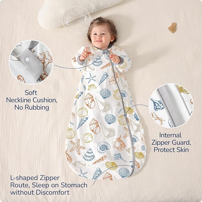 Baby Sleep Sack 18-24 Months, Cotton Detachable Long Sleeve Sleep Sack, 2.5 Tog Toddler Sleeping Sack with Temperature Strips, 2-Way Zipper Wearable Blankets for Newborns, Ocean