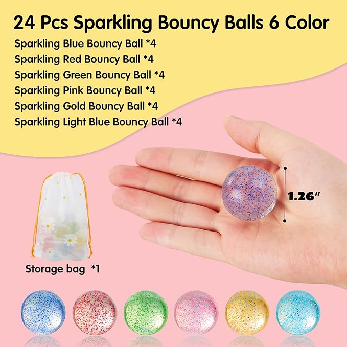 JOYIN 24 PCS Glitter Bouncy Balls, 6 Styles 32mm Assorted Bouncy Balls Bulk with Storage Bag, Bounce Toys for Kids Party Favors Birthdays Gifts Goodie Bags Stuffers Carnival Prizes