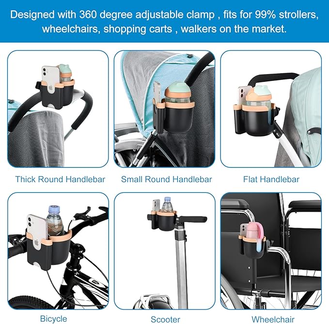 Accmor Stroller Cup Holder with Phone Holder, Bike Cup Holder, Universal Cup Holder for Uppababy Nuna Doona Strollers, 2-in-1 Cup Phone Holder for Stroller, Bike, Wheelchair, Walker, Scooter