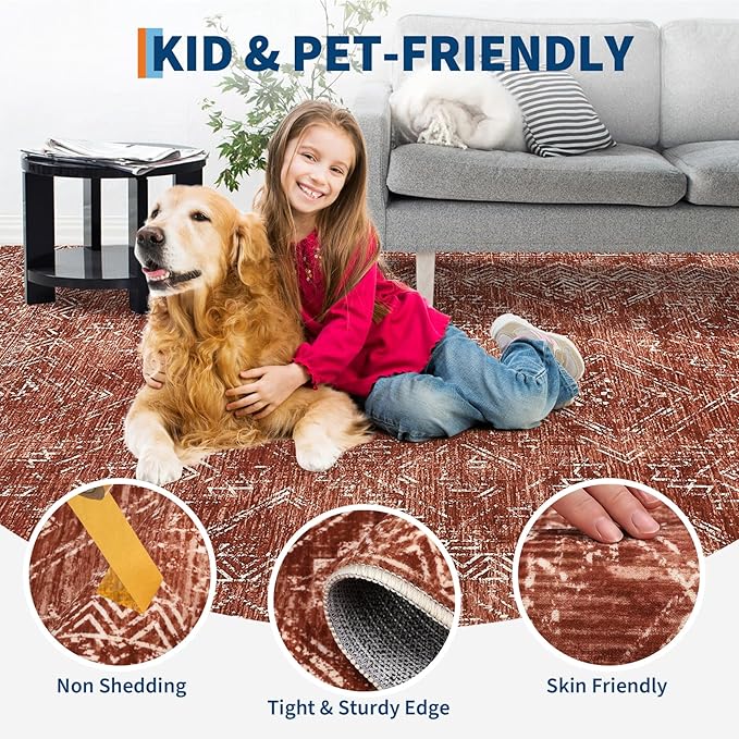 COZYLOOM Large Living Room Rugs 9x12 Machine Washable Area Rugs Modern Abstract Floor Cover Non Slip Stain Resistant Geometric Mats for Bedroom, Nursery, Office, Brick Red