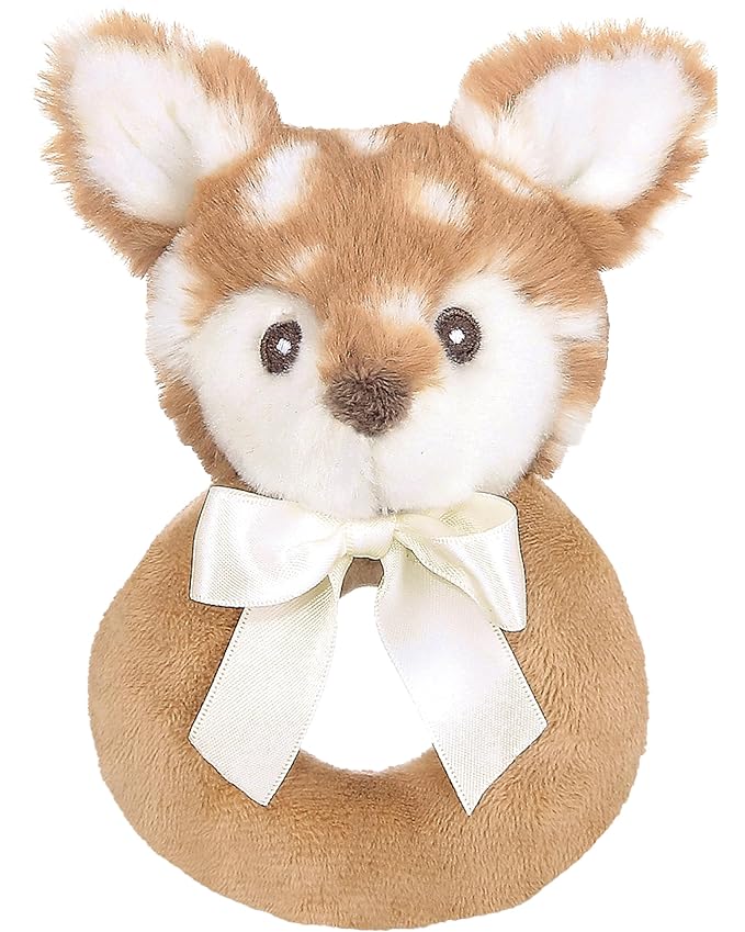 Bearington Collection Baby Lil’ Willow, 5.5 Inch Fawn Plush Stuffed Animal, Soft Baby Rattles and Plush Rings - Newborn Toys