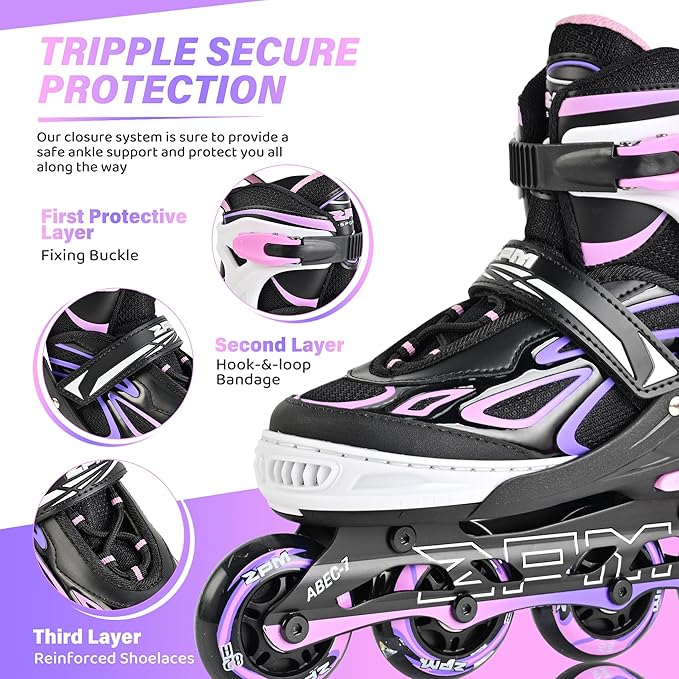 2PM SPORTS Vinal Girls Adjustable Flashing Inline Skates, All Wheels Light Up, Fun Illuminating Skates for Kids Men Adult Women and Boys