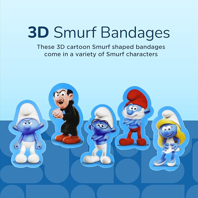 BioSwiss Bandages, The Smurfs in 3D Shaped Self Adhesive Bandage, Latex Free Sterile Wound Care, Fun First Aid Kit Supplies for Kids and Adults, 24 Count Box