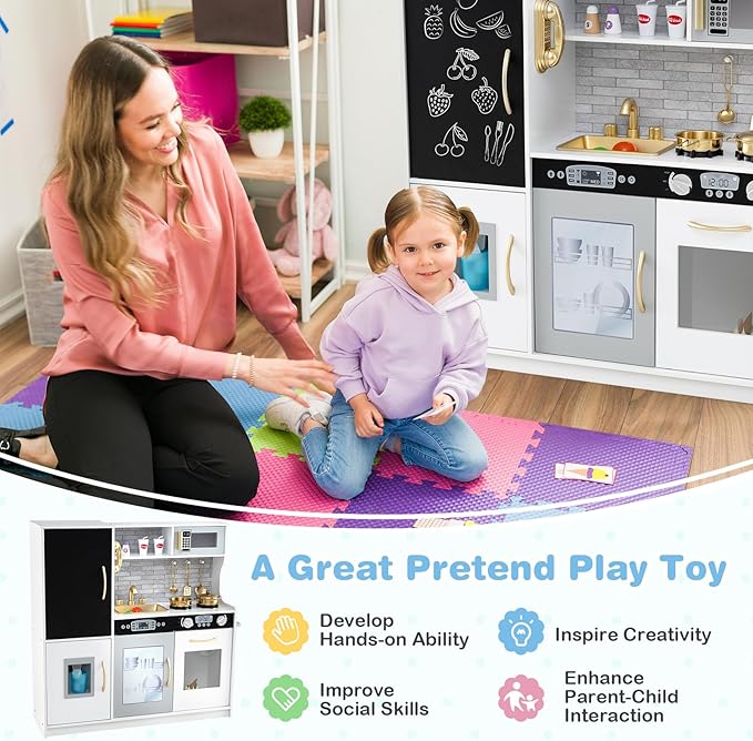 HONEY JOY Kids Kitchen Playset, Wooden Little Chef Pretend Toy Kitchen Set w/Chalkboard, Telephone, Utensils, Oven, Microwave, Sink, Storage, Play Kitchen for Toddlers Boys Girls, White Golden