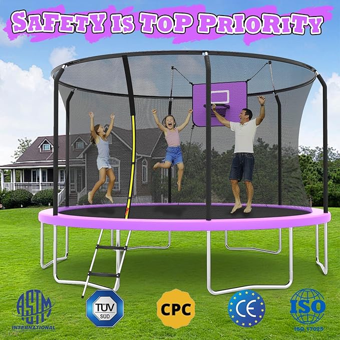 8FT 10FT 12FT 14FT Outdoor Trampoline with Basketball Hoop and LED Lights, ASTM Approved Recreational Trampolines for Kids and Adults with Net and Ladder