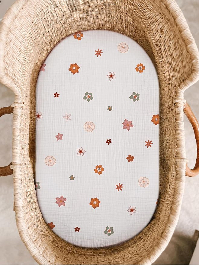 Bassinet Sheet for Baby Boy and Girl, Fitted Sheets for Rectangle, Oval, Hourglass Bassinet Mattress, Muslin Moses Basket Sheets with Neutral Style (Flower-B)
