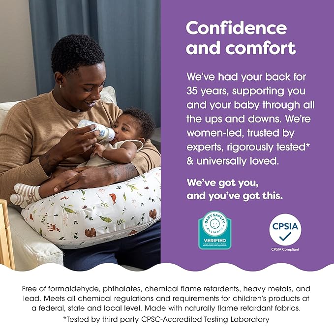 Boppy Nursing Pillow - Ergonomic Bottle & Breastfeeding Pillow with High, Firm, Large Area, Water-Repellent Cushion with Washable Cover; Baby Safety Alliance Verified - Neutral Plants and Animals