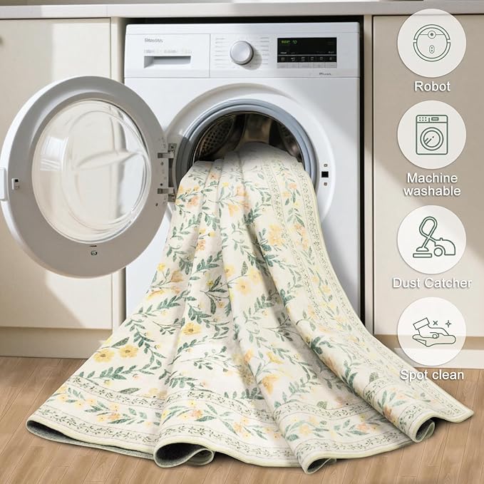 6x9 Area Rugs for Living Room: Floral Washable Rug Vintage Large Soft Boho Non-Slip Carpet Indoor Stain Resistant Thin Carpets for Bedroom Dining Room Farmhouse Nursery Hallway Home Office Beige/Multi