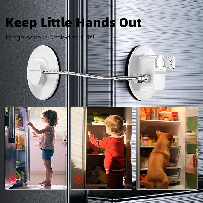 2 Pack Refrigerator Lock with Sticky Adhesive Pads, Child Proof Refrigerator/Fridge/Freezer Door Lock for Toddlers and Kids, Baby Safety Locks for RV Refrigerator, Cabinets and Drawers, Oven (Patent)