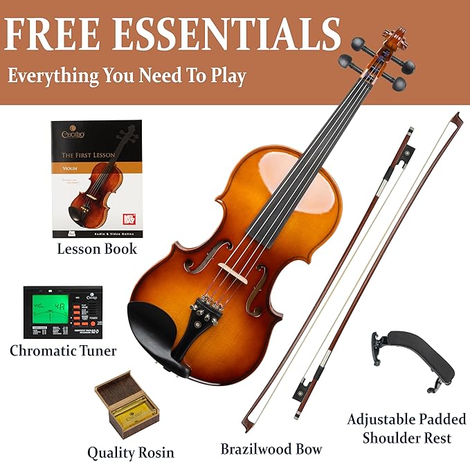 Cecilio 1/2 Violin Solidwood Violin with Hard Case, Bow, Rosin, Tuner, Shoulder Rest & Lesson Book – Ideal for Beginners