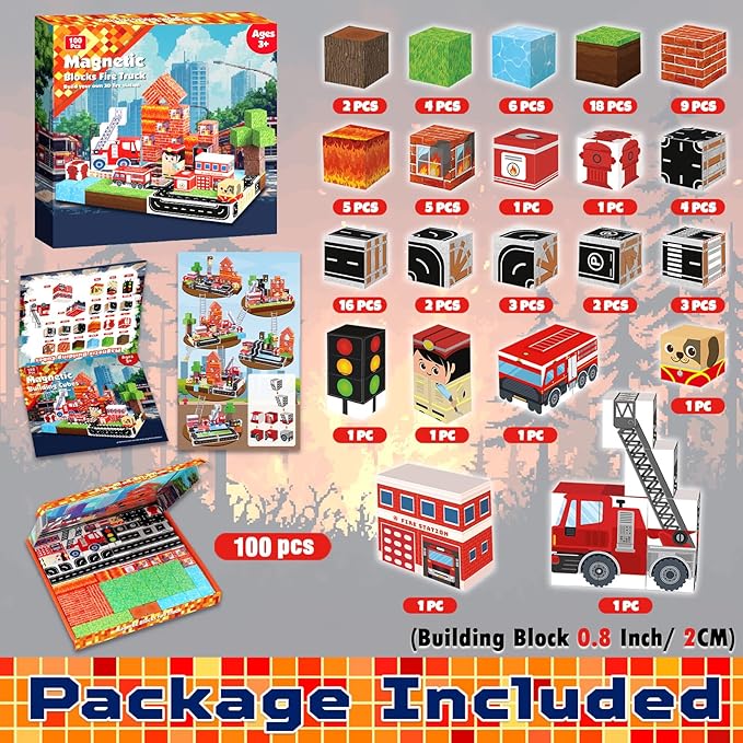 GoodyKing Magnetic Blocks|100PCS Fire Truck Magnetic Building Cube Game,Constructions Toys for Boys & Girls Age 3-4,5-8 9 10,STEM Montessori Stacking Toy,Sensory Tiles Building Christmas for Toddlers