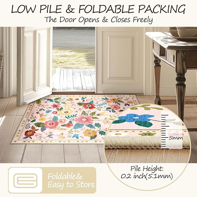 Floral 8ft Area Rug Machine Washable Soft Print Boho Carpet Non Slip Doormat Low Pile Flower Area Rugs for Living Room Bedroom Nursery Kitchen Dining Room Indoor-Pink