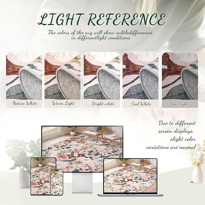 9x12 Area Rug for Living Room: Vintage Floral Washable Rug Soft Boho Non Slip Carpet Large Indoor Floor Non Shedding Low Pile Thin Carpets for Bedroom Dining Room Farmhouse Nursery Home Light Pink