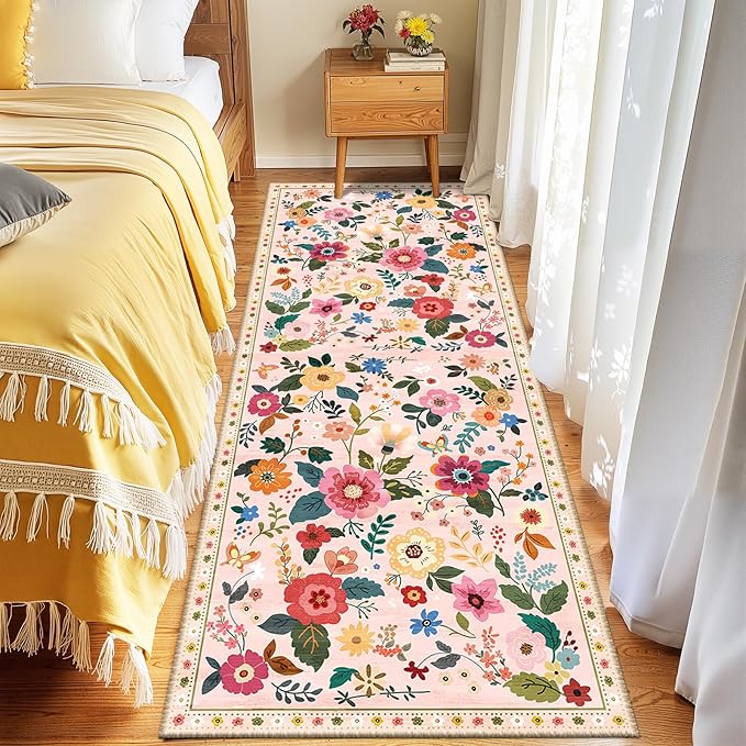 Floral 2x6 Area Rug Machine Washable Soft Print Boho Carpet Non Slip Doormat Low Pile Flower Area Rugs for Living Room Bedroom Nursery Kitchen Dining Room Indoor-Pink